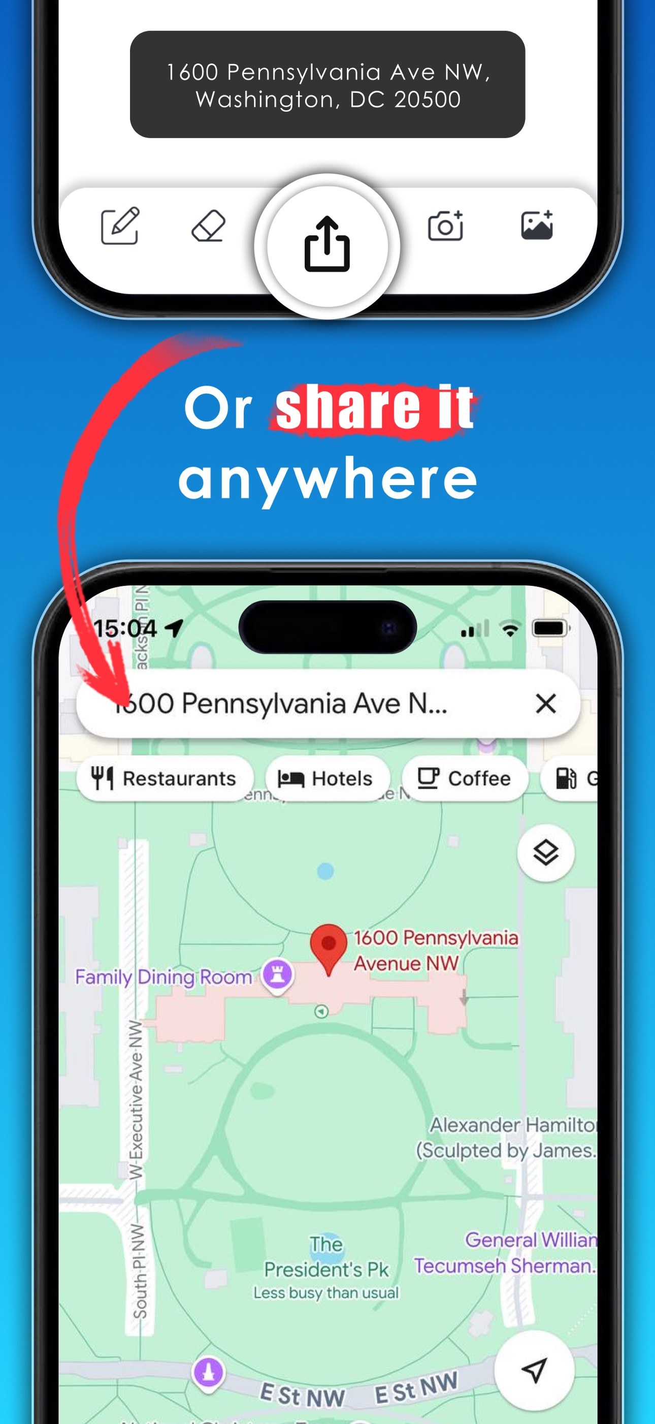 An address recognised in SwipeScan and pasted into the Google Maps search field, with the location shown on the map below.