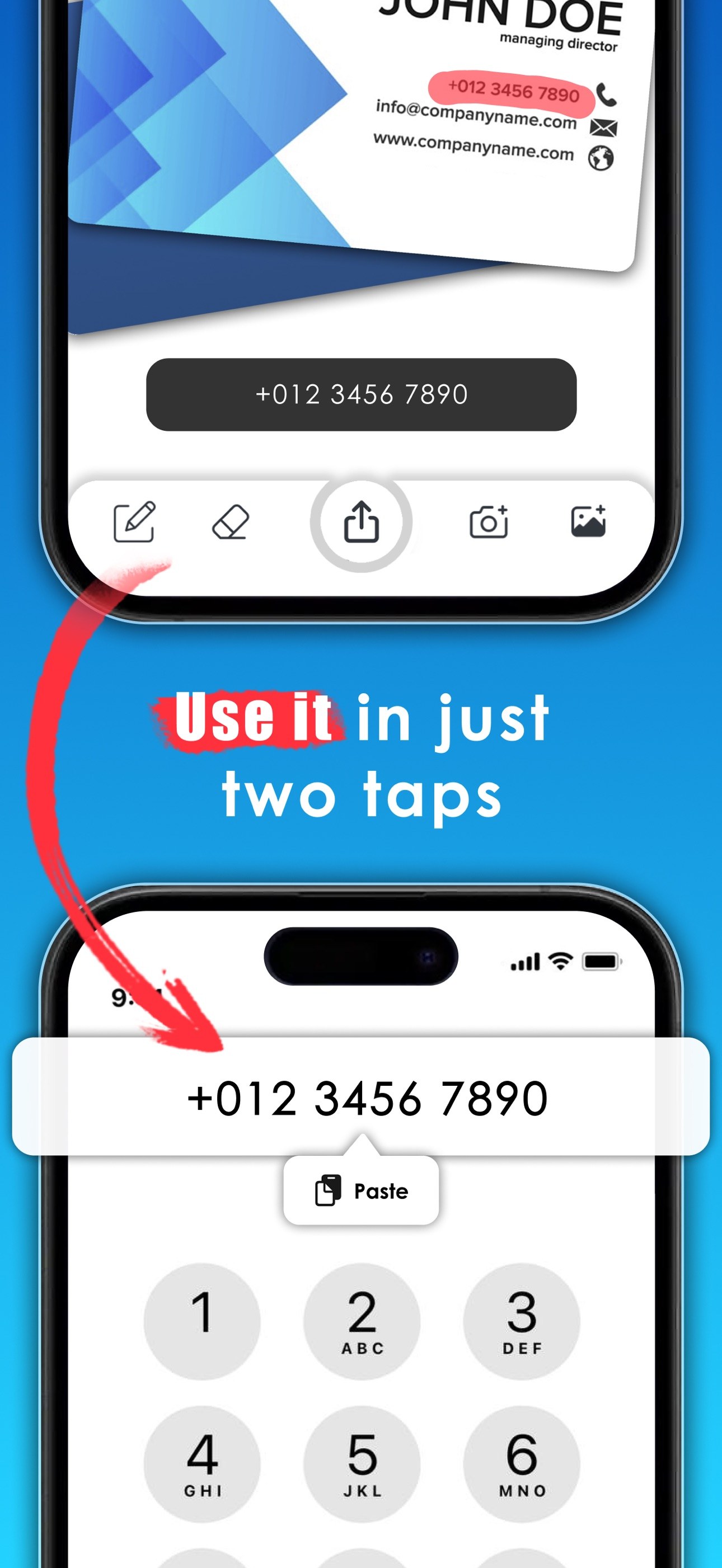 The recognised phone number pasted into the iPhone dialler above the keypad, with a Paste button visible.