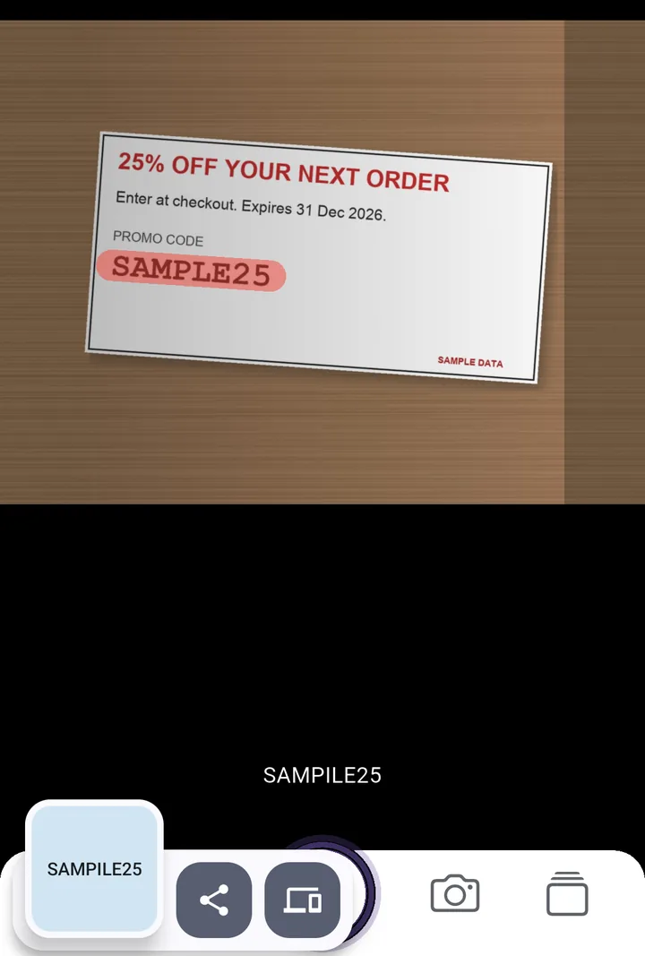 SwipeScan app on Android: a stroke over the promo code SAMPLE25 on a sample coupon; the result chip shows SAMPILE25, with an extra I