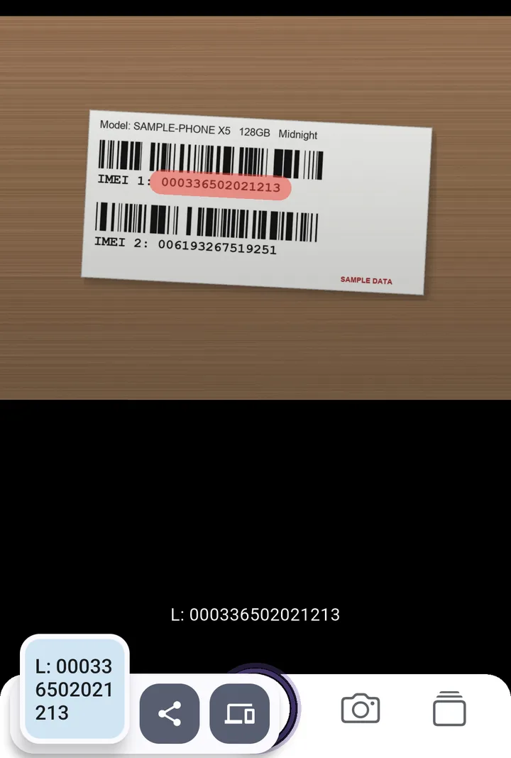 SwipeScan app on Android: a stroke over the first IMEI on a sample phone-box label; the result chip reads L: 000336502021213