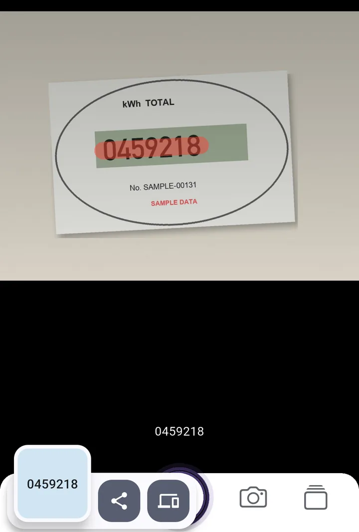 SwipeScan app on Android: a stroke over 0459218 on a sample LCD-style electricity register; the result chip shows 0459218