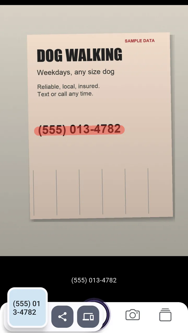 SwipeScan app on Android: a finger stroke highlights (555) 013-4782 on a sample dog-walking flyer, and the result chip shows (555) 013-4782
