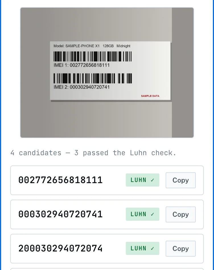 IMEI tool result for a sample box label: four candidates, three marked LUHN check passed, the first being 002772656818111