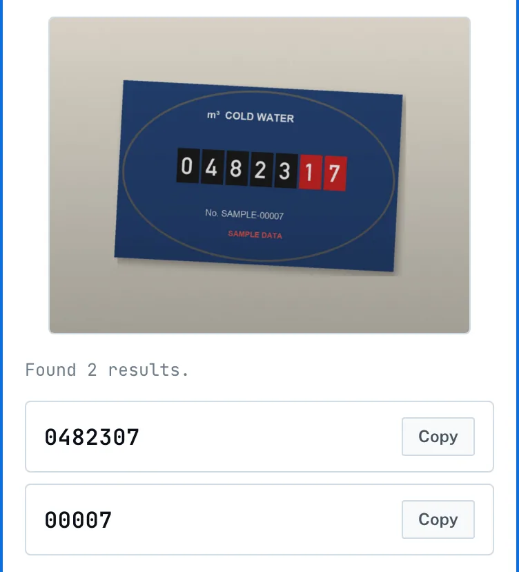 Meter tool result for the same sample register: the first result is 0482307, which includes the red litre drums
