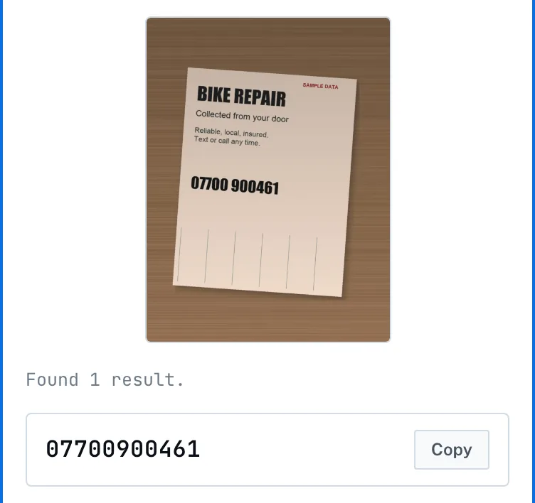 Number extraction tool result for a sample bike-repair flyer: one result, 07700900461, with a Copy button
