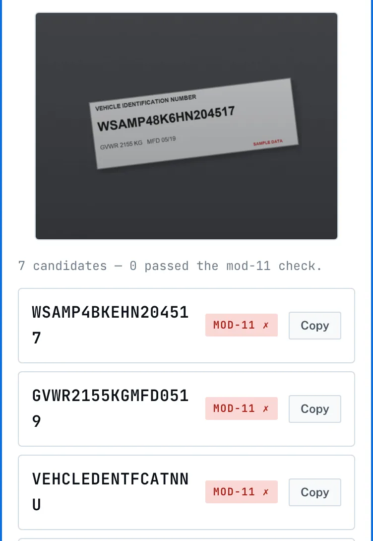VIN tool result for the same sample plate: the top candidate WSAMP4BKEHN204517 is marked MOD-11 failed